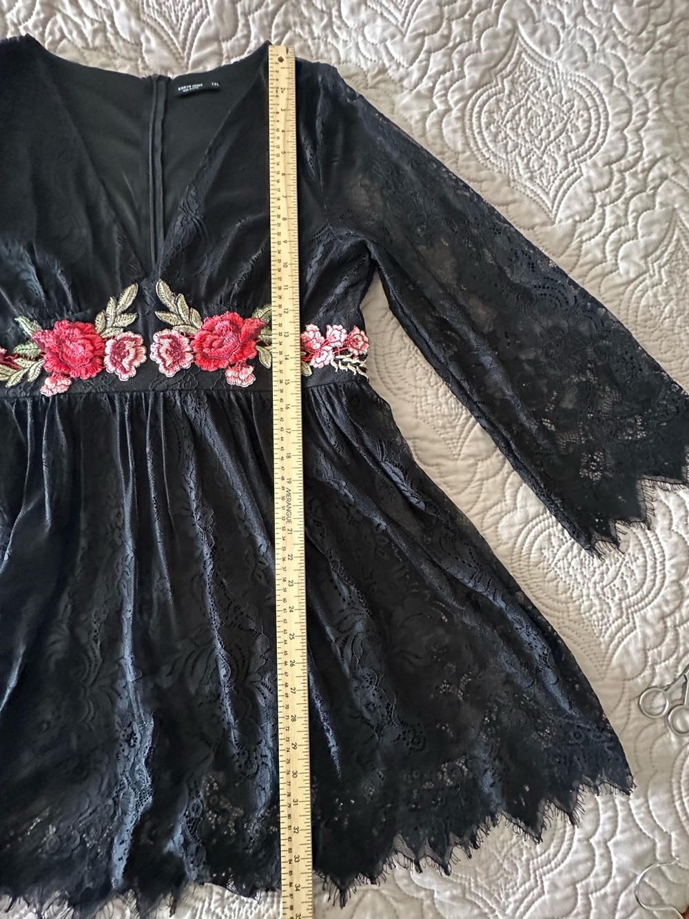 SHEIN Curve Black Lace Witchy Goth Rose Embroidered Dress Long Sleeve Coquette - Picture 12 of 14